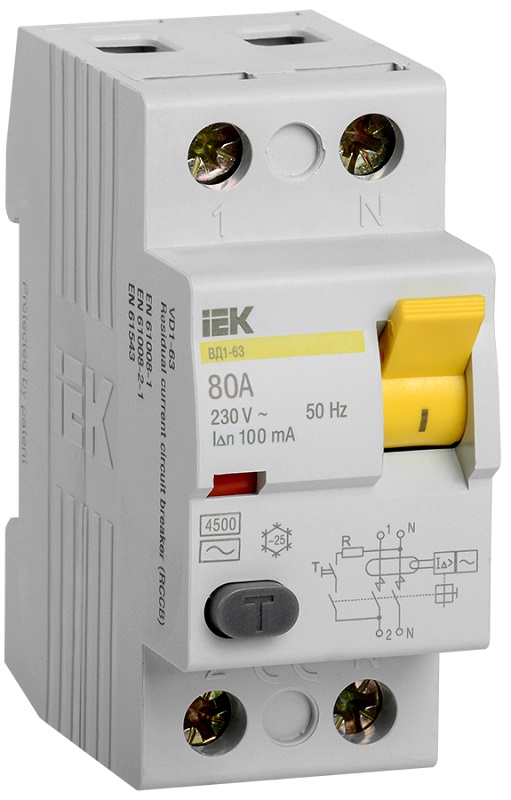 Выключатель дифференциального тока УЗО IEK KARAT ВД1-63 2п 80А 100мА 4,5,кА тип AC